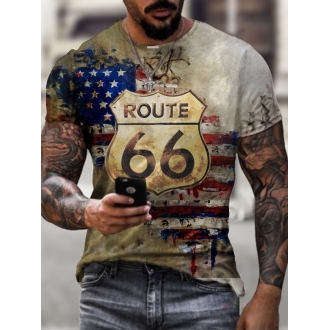 Crew Neck Route 66 American Flag Short Sleeve Tops T-Shirts