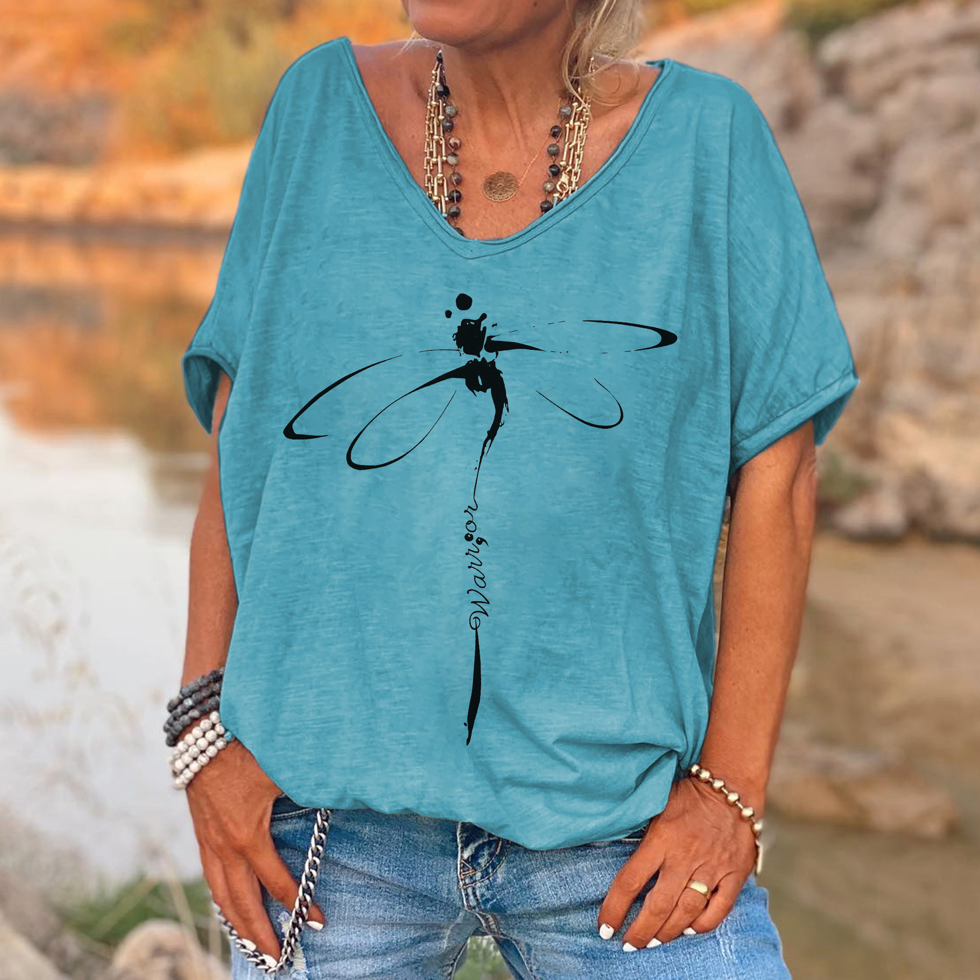 Ink Painting Dragonfly Printed Hippie Women's T-shirt