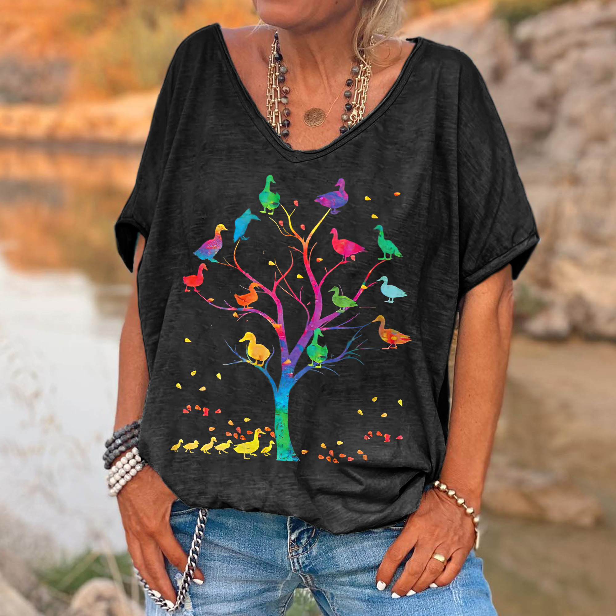 Colorful Duck Tree Hippie Casual V-neck T-shirt