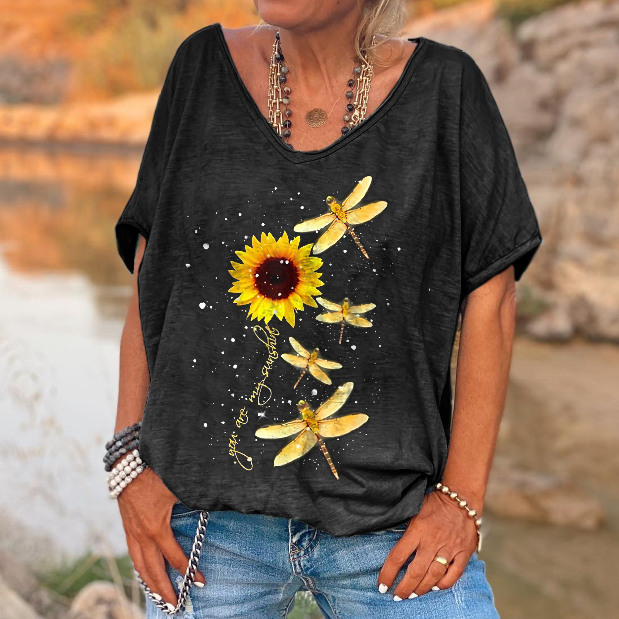 You're My Sunshine Dragonfly Printed Hippie Tees