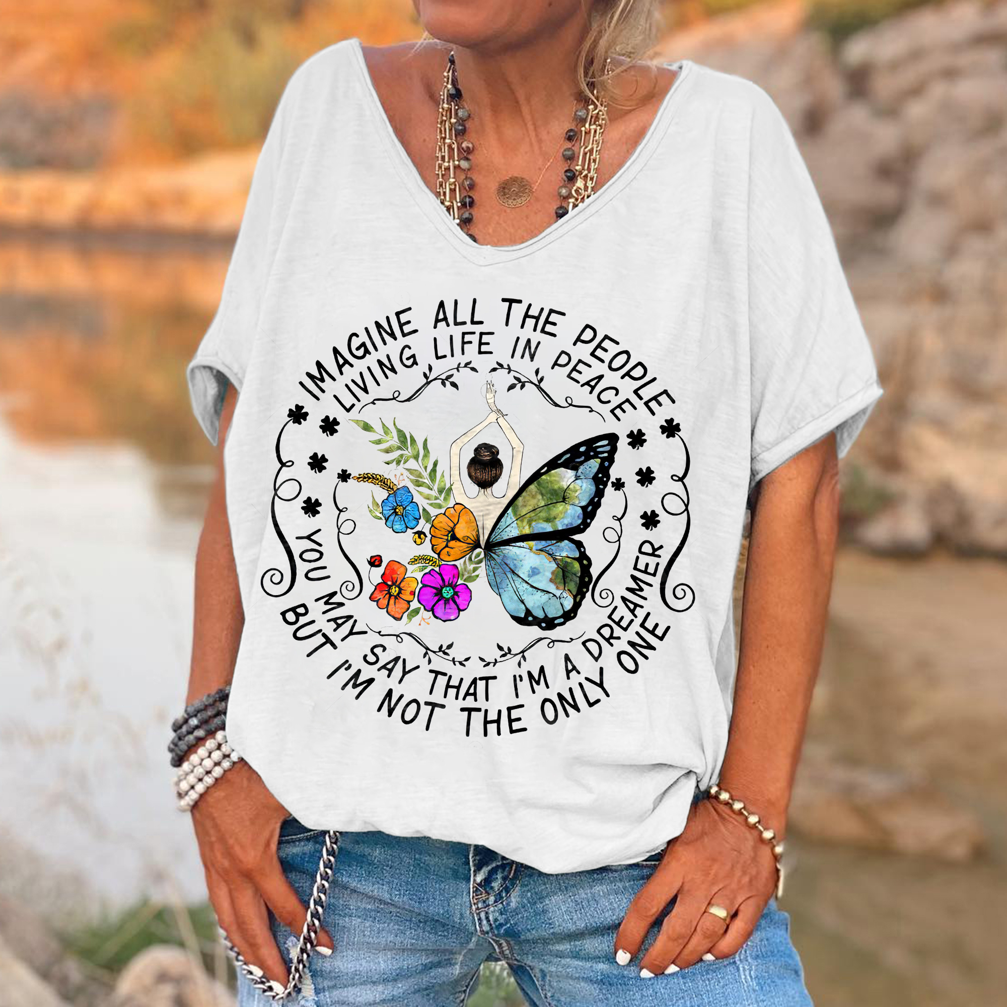 Imagine All The People Living Life In Peace Printed Women's T-shirt