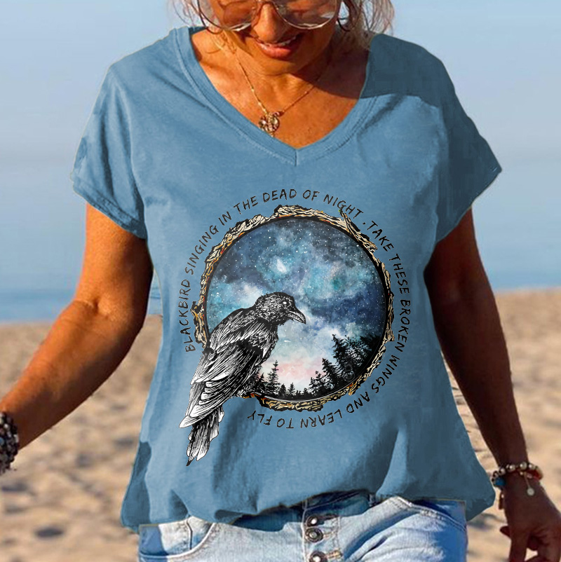 Blackbird Singing In The Dead Of Night Printed Women's T-shirt