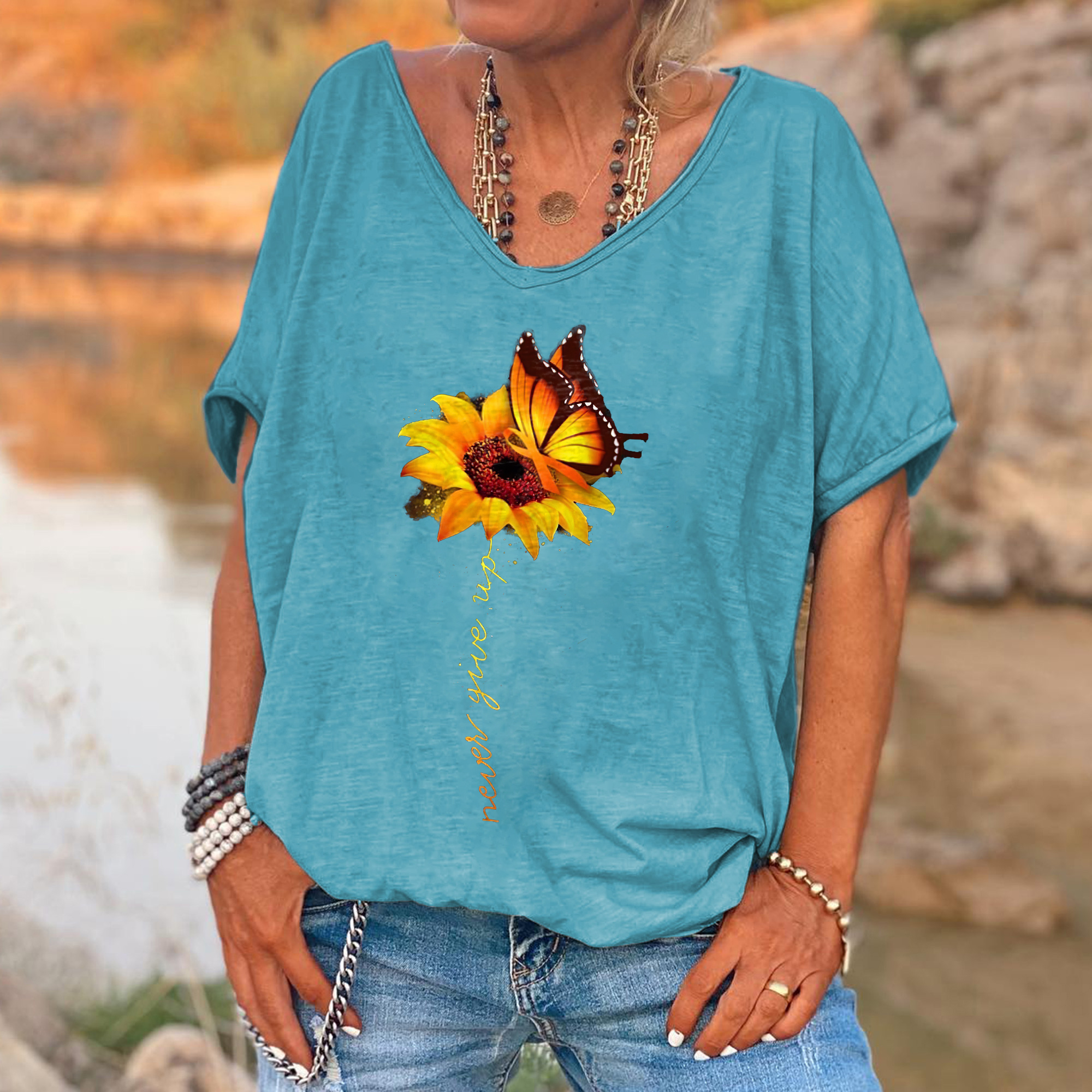 Never Give Up Printed Sunflower Women's T-shirt