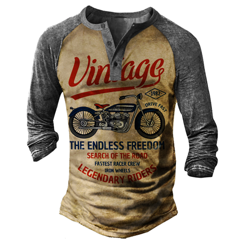 Vintage Motorcycle Racing Men's Print Henley Shirt