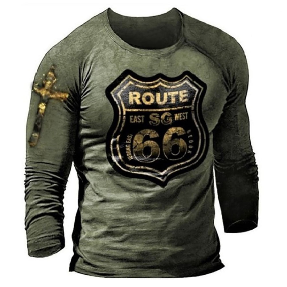 Fashion Retro Men's T-Shirts Oversized Loose Clothes Vintage Long Sleeve America Route 66 Letters 3D Printed T-Shirt EU Size 