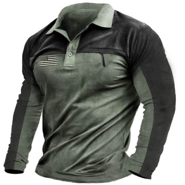 Men's Outdoor Tactical Patchwork Zip Pocket Polo Long Sleeves Top