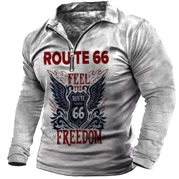 Route 66 Print Men's Long Sleeve Polo Shirt