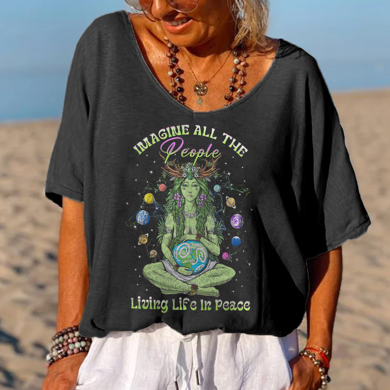 Imagine All The People Living Life In Peace Printed Women's T-shirt