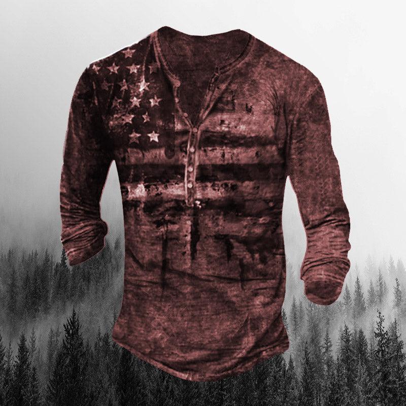 Men's Vintage Freedom Flag Print Comfortable Long Sleeve Henley Shirt