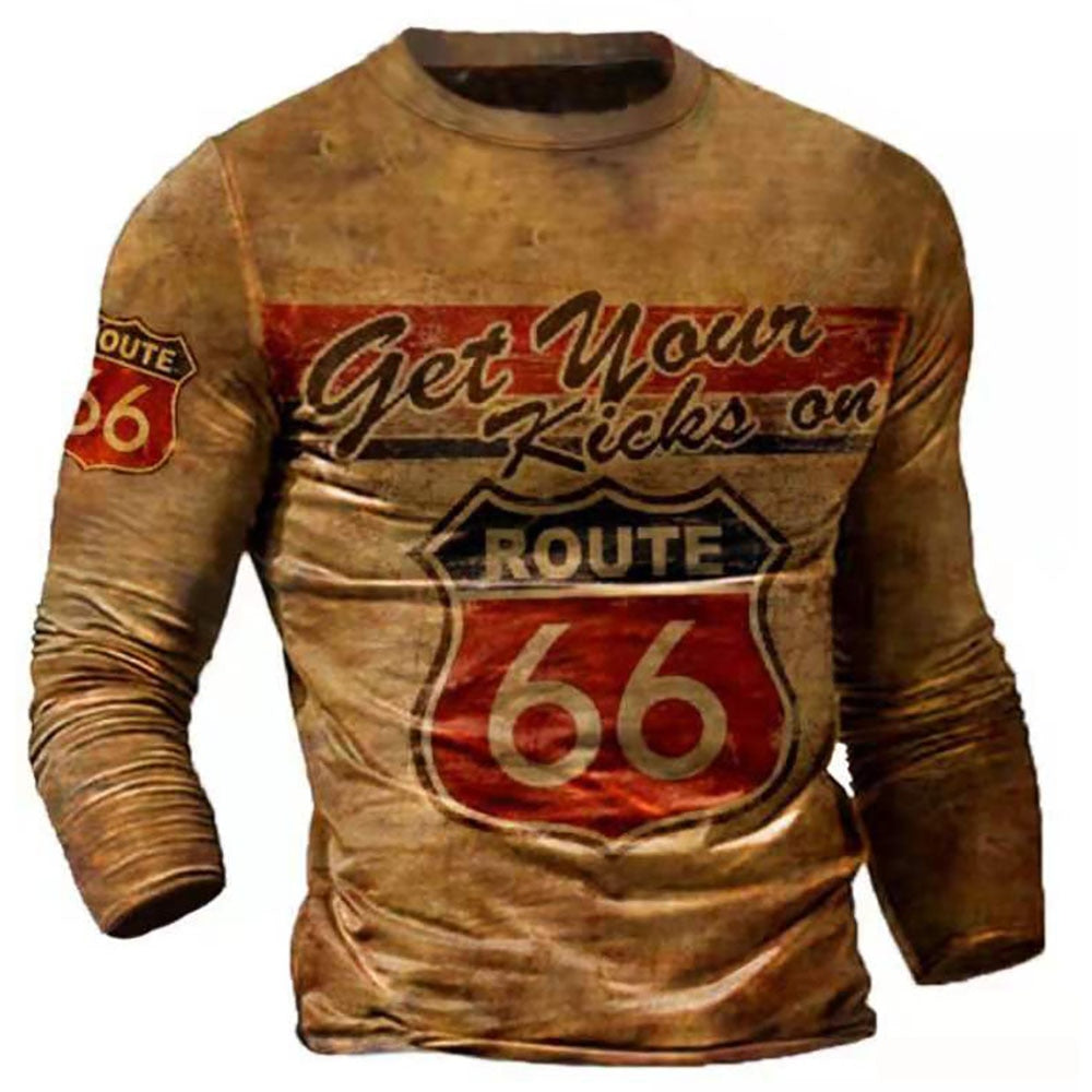 Fashion Retro Men's T-Shirts Oversized Loose Clothes Vintage Long Sleeve America Route 66 Letters 3D Printed T-Shirt EU Size 