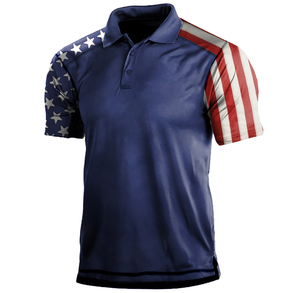 Men's Outdoor American Flag Print Polo Neck T-Shirt