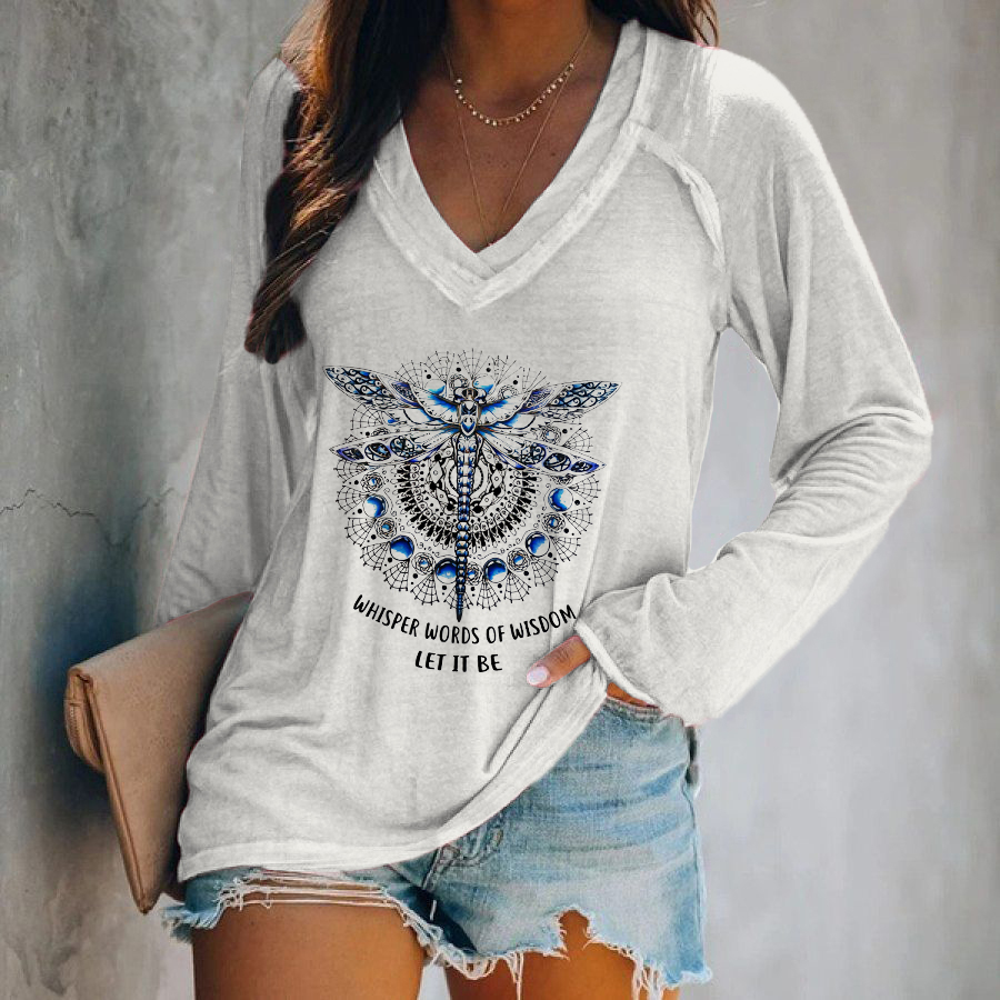 Dragonfly Graphic Letter Print V-neck Long Sleeve Tee