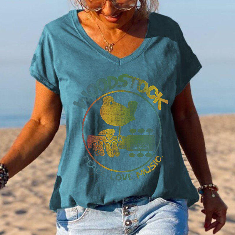 Woodstock Peace Love Music Bird And Guitar Design Women Tees