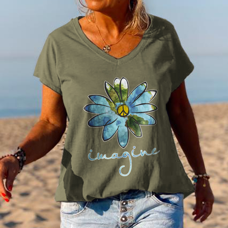 Peace Flower Women Solid Color V-neck Tees