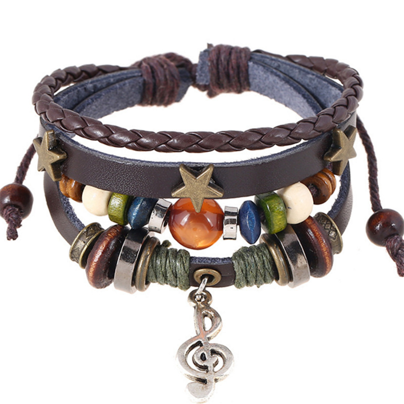 Beaded Alloy Notes Leather Vintage Cowhide Bracelet