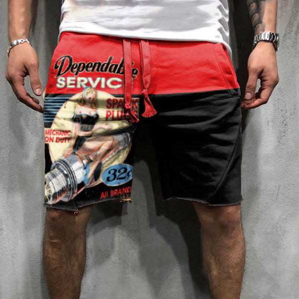 Retro Engine Oil Logo Print Shorts