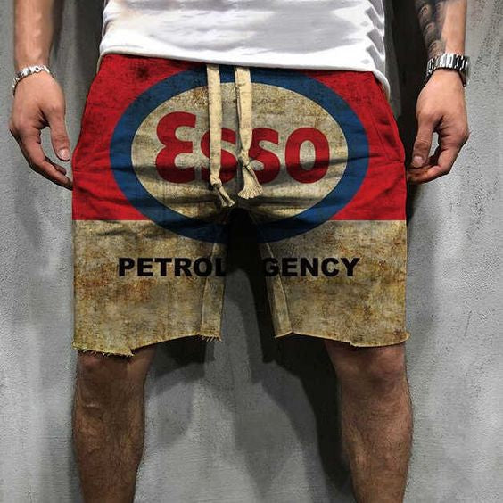 Retro Engine Oil Logo Print Shorts