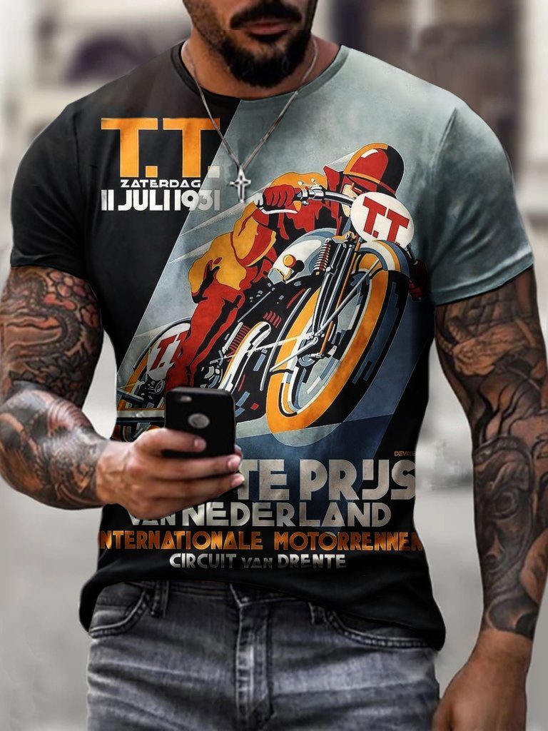 Men's Retro TT Contrast Motorcycle Print T-Shirt