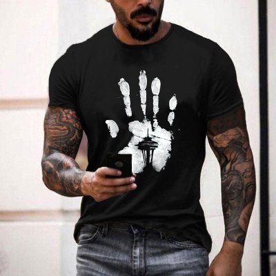 Black and White Palm Print T-shirt Fashion Casual