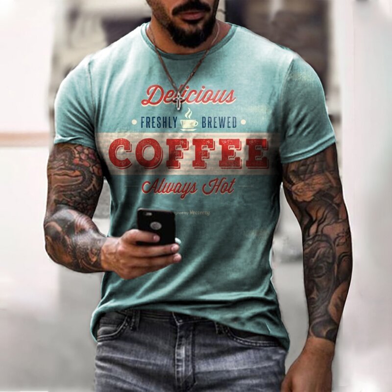 New Mens Fashion Casual Retro Coffee Letter T-shirt