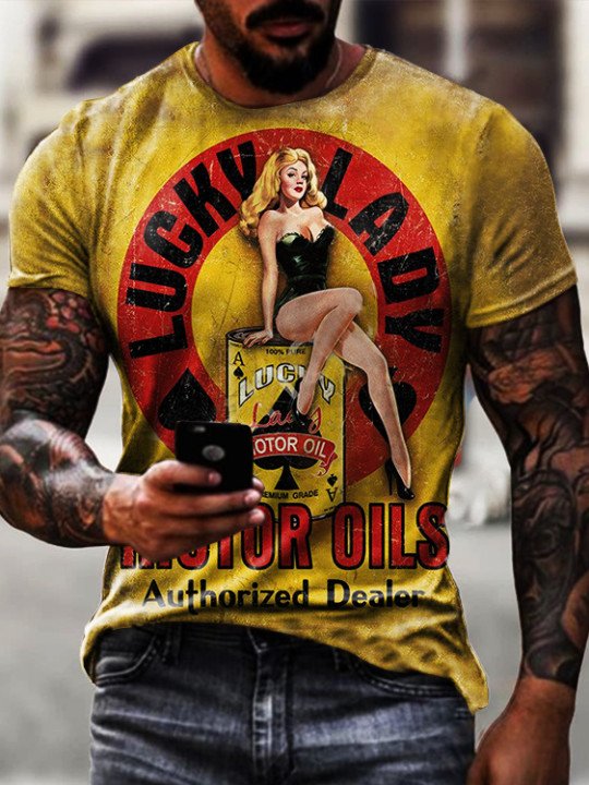 Mens retro Moto Oil Logo Printed T-shirt