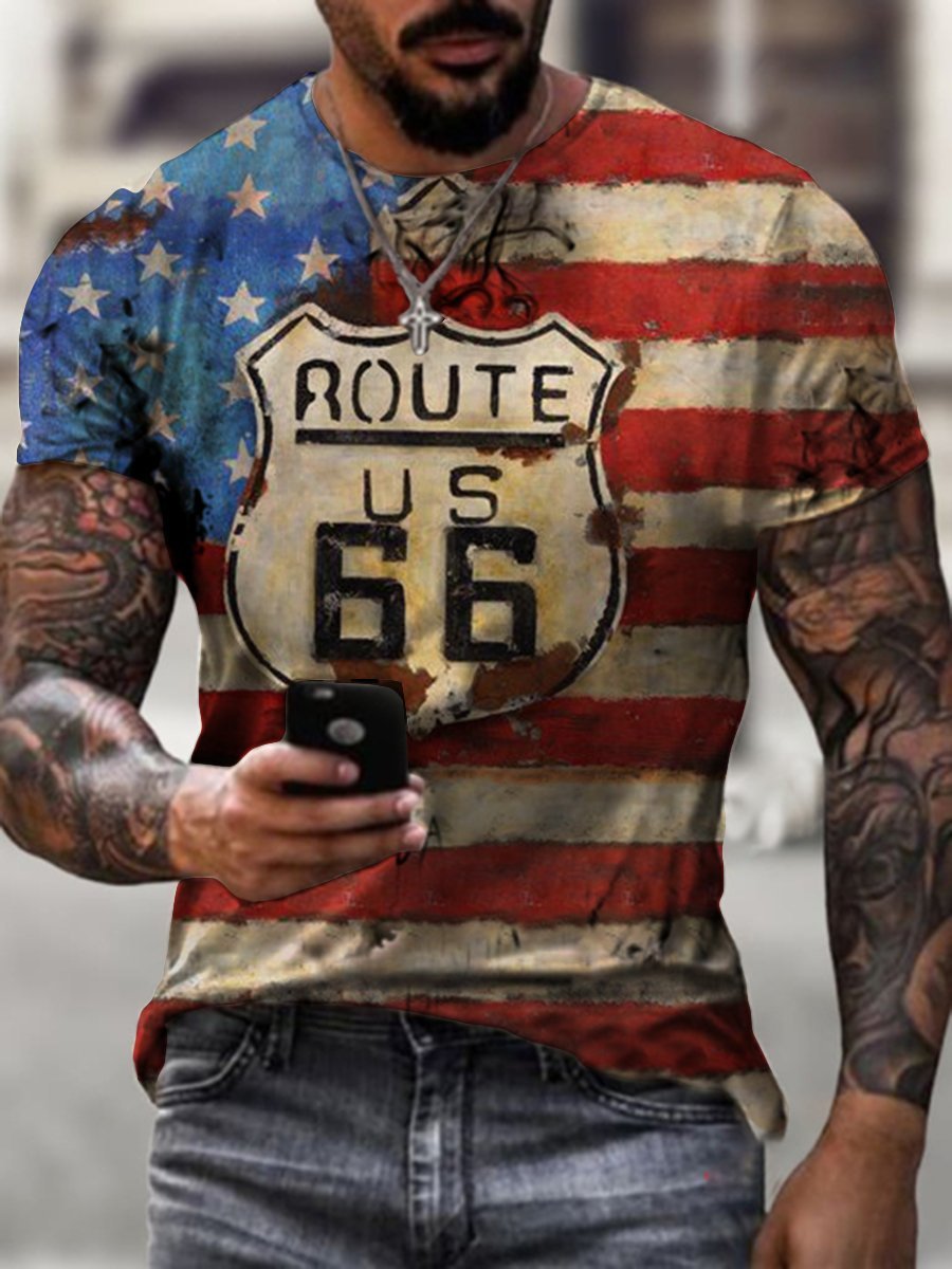 Mens Crew Neck Route 66 Flag Short Sleeve Tops T-shirts