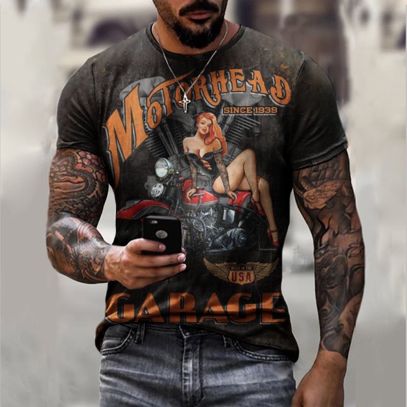 Casual Round Neck Motorcycle Men's Printed Top