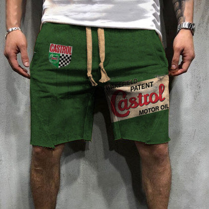 Retro Engine Oil Logo Print Shorts