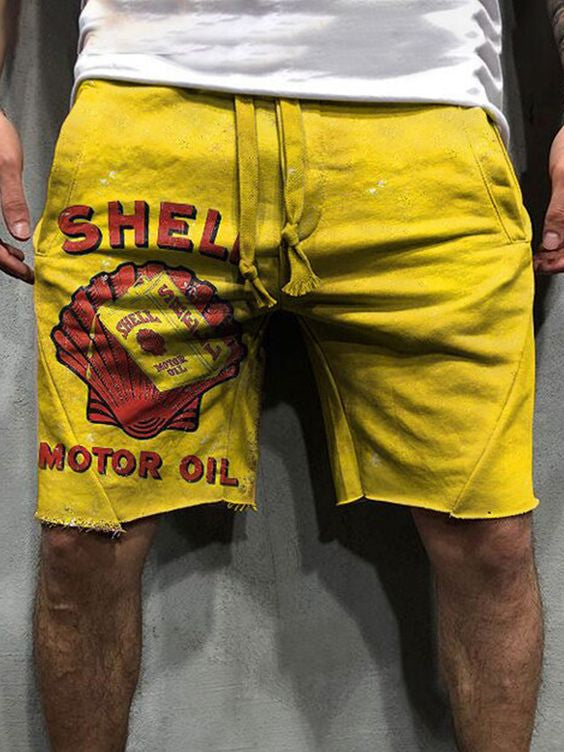 Retro Engine Oil Logo Print Shorts