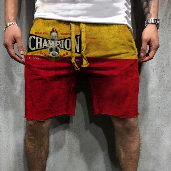 Retro Engine Oil Logo Print Shorts