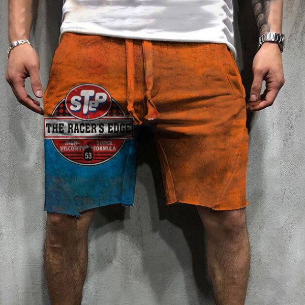 Retro Engine Oil Logo Print Shorts