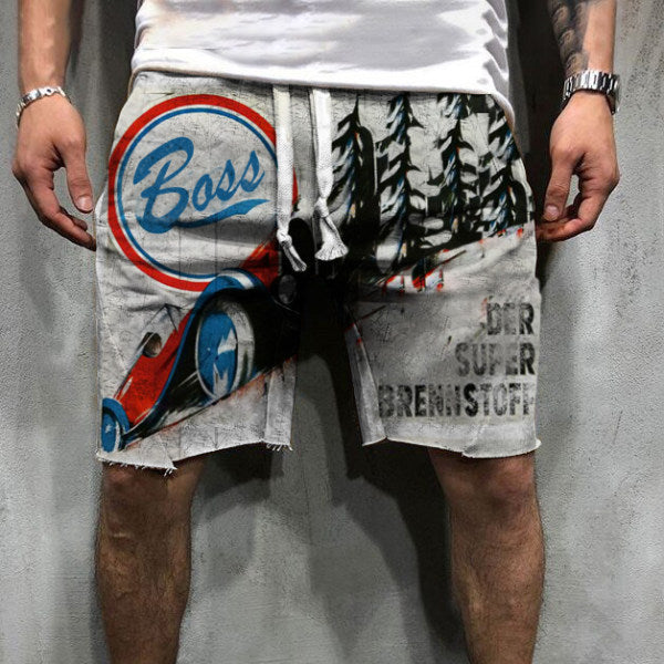 Retro Engine Oil Logo Print Shorts