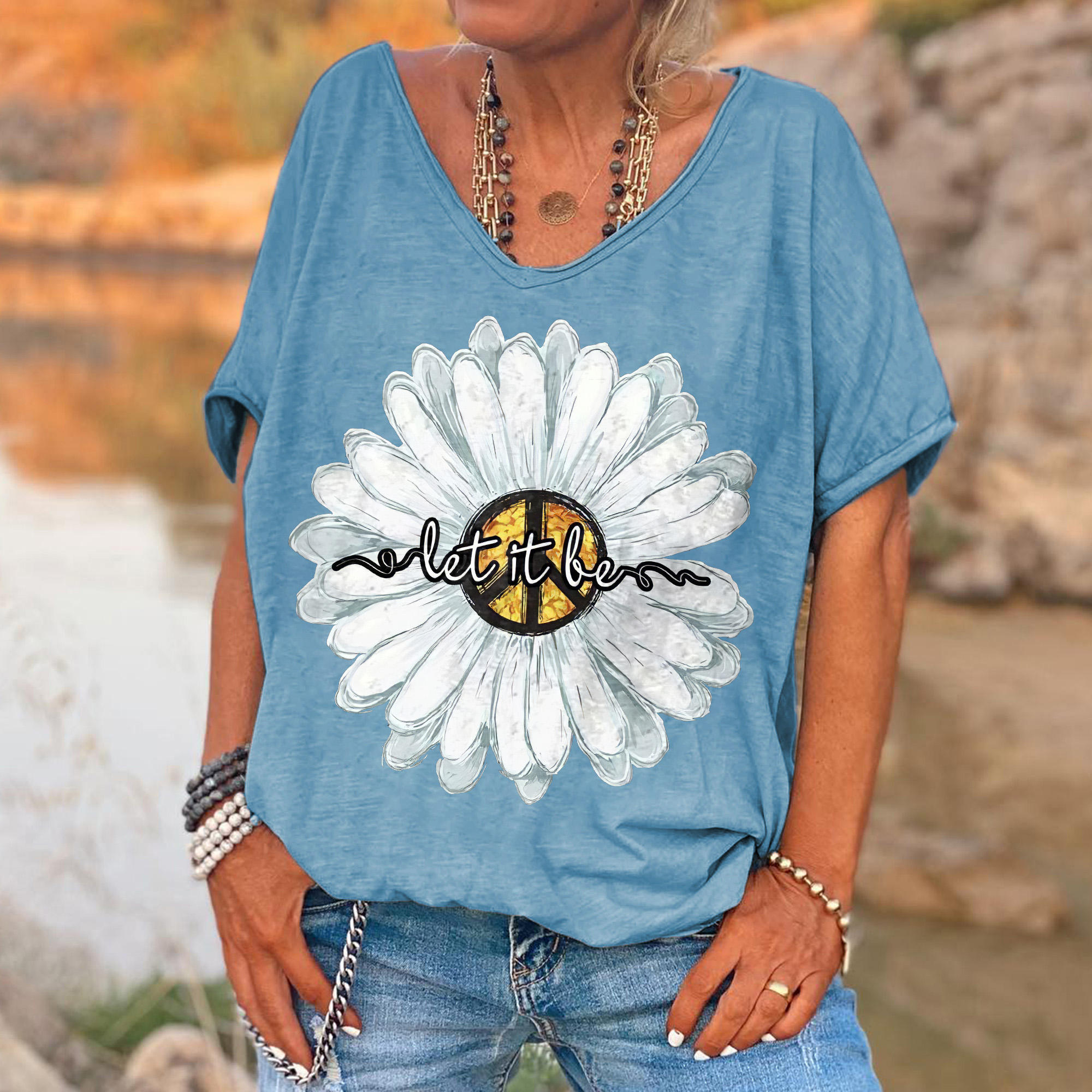 Let It Be Floral Hippie Casual V-neck T-shirt