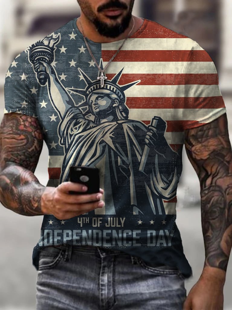 Men's American Flag Statue Of Liberty Printed T-Shirt