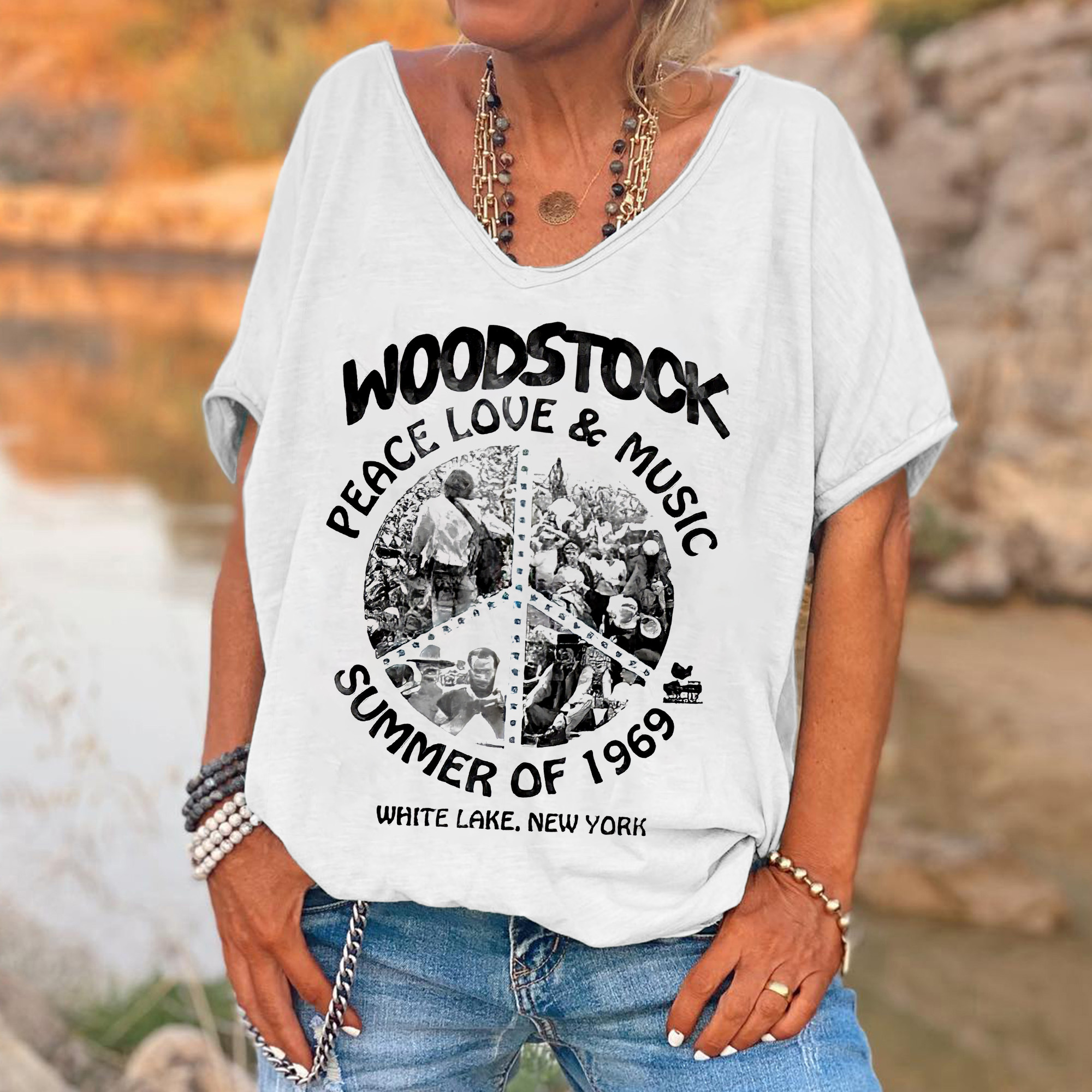 Woodstock Peace Love & Music Printed Hippie Tees