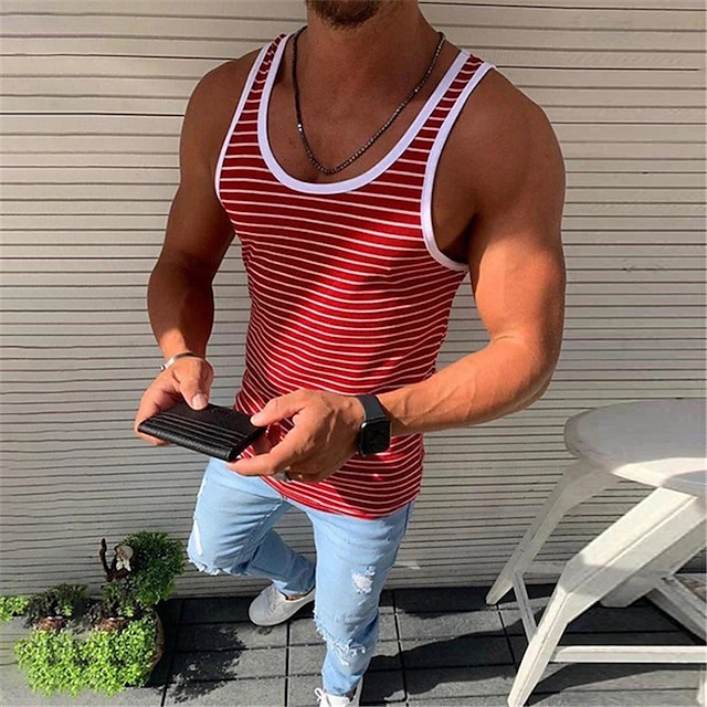 Mens Tank Top Vest Top Undershirt Sleeveless Shirt Striped Crew Neck Outdoor Street Sleeveless Clothing Apparel Fashion Lightweight Breathable Comfortable